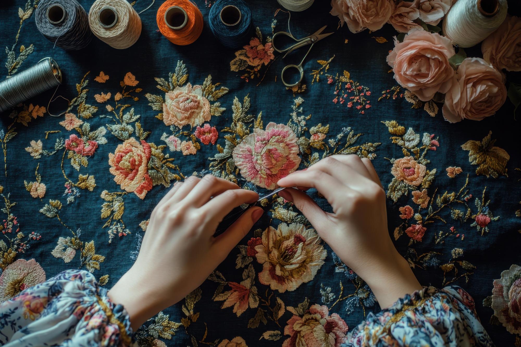 close-up of artisan hands embroidering a floral design on linen